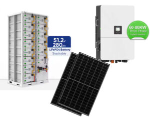 Φωτοβολταϊκό σύστημα για επιχειρήσεις με Inverter DEYE hybrid 80 KW ,  μπαταρίες LiFePo4  200 KW , 144  Bifacial panels 700 watt
